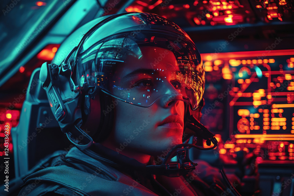 Poster a futuristic pilot wearing a high-tech helmet inside a spaceship cockpit.