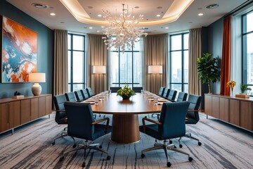 Fototapeta premium Contemporary Executive Suite with Sleek Boardroom Design Stylish Furniture and Dynamic Ambiance