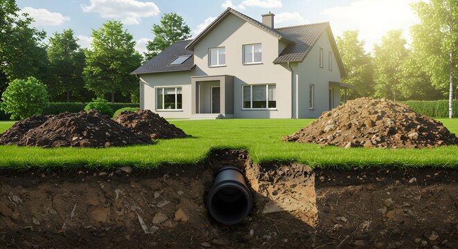 House with underground plumbing pipe installation, showcasing essential infrastructure.
