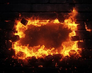 A mesmerizing view of flames bursting through a brick wall, showcasing the raw power and beauty of fire in an industrial setting.