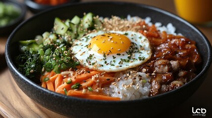 A Korean bibimbap bowl with fresh vegetables and egg