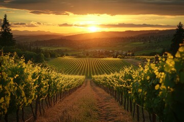 Sunlit vineyard with rows of grapevines