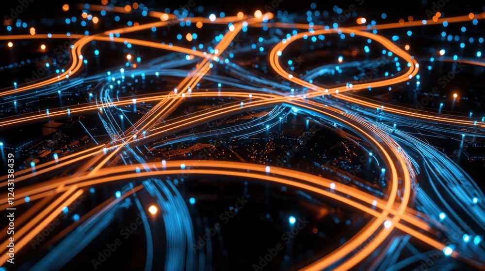 Poster dynamic urban traffic flow cityscape digital visualization high-tech environment aerial view smart t