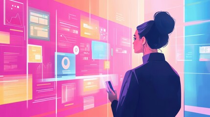 A woman in a futuristic smart office, interacting with AI-driven assistants, cutting-edge business technology enhancing productivity