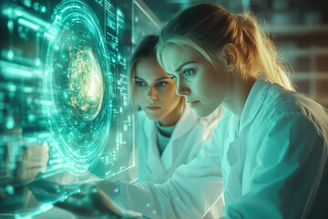 Two female scientists collaborate, analyzing a complex, glowing data visualization on a futuristic screen.