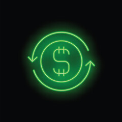 Green neon sign of a rotating dollar sign, representing the concept of money circulation