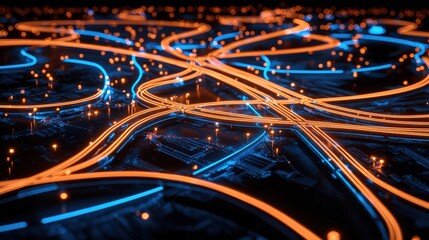 Dynamic urban traffic flow cityscape digital visualization nighttime aerial view smart transportation systems