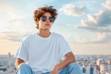 Men's oversized white t-shirt mockup. Stylish youth boy model in cool sunglasses wearing short sleeve tee, jeans, sitting on rooftop of tall building, urban landscape behind him, summer outside