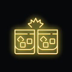 Yellow neon sign showing two glasses touching for a toast, with ice cubes and sparkles, on a black background