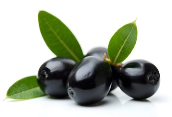 Glossy Black Olives with Vibrant Green Leaves on Transparent Background