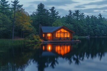 Obraz premium Cozy lakeside cabin surrounded by pine trees