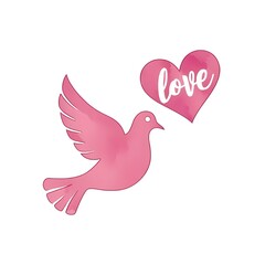 Fototapeta premium A pink dove gracefully flies towards a heart with the word 