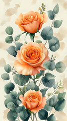 Peach Roses & Eucalyptus Watercolor Blooms