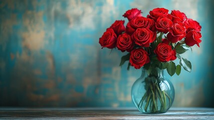 Fototapeta premium A vibrant bouquet of red roses in a glass vase against a textured blue background