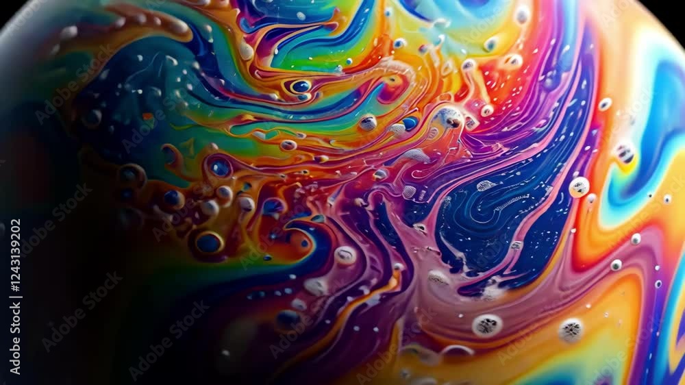 Poster vibrant bubble with colorful swirls and droplets, showcasing dynamic liquid patterns