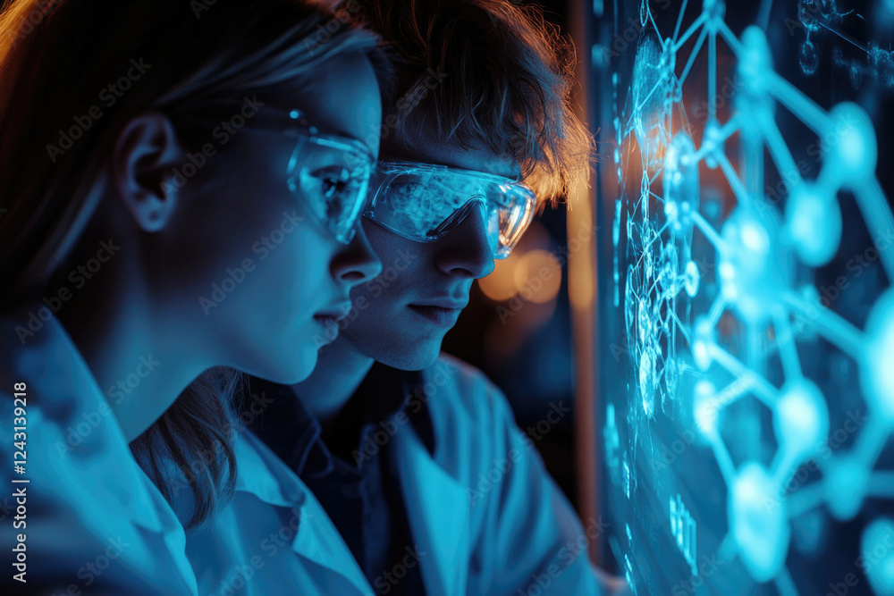 Leinwandbilder two scientists in lab coats analyze a complex, glowing data network on a screen.