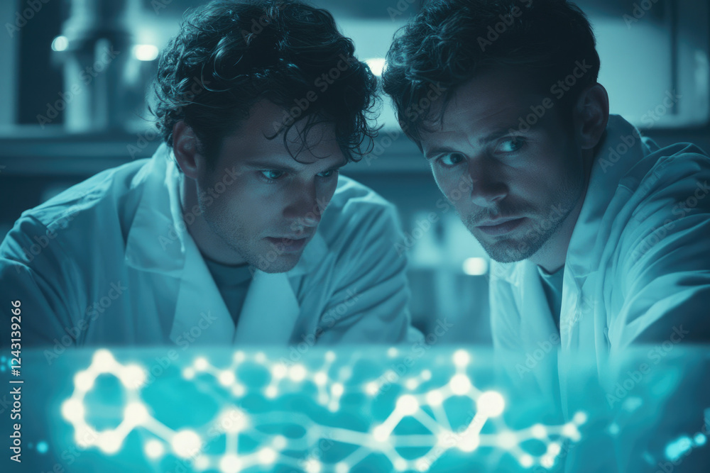 Leinwandbilder two scientists intently analyze a complex molecular structure displayed on a screen, deeply engrosse