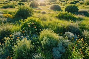 Breathtaking Aerial View of Colorful Grass Meadow with Seasonal Herbs and Radiant Sunlight