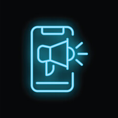 Neon blue icon of a smartphone with a megaphone on the screen representing mobile marketing
