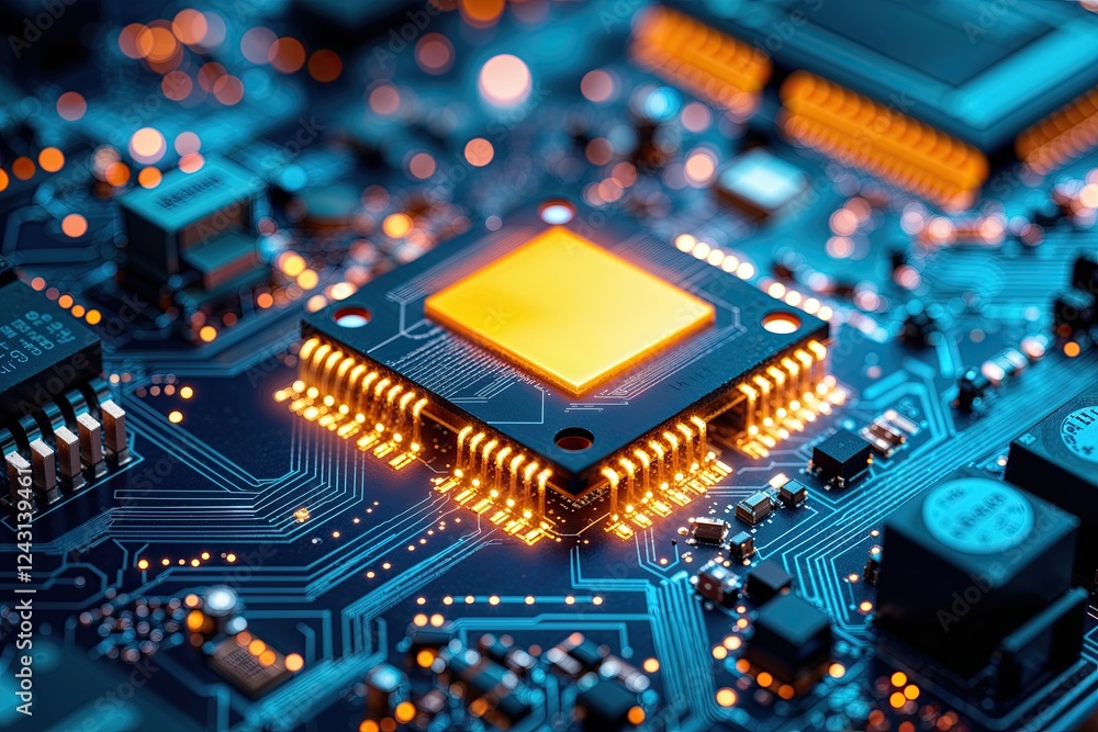 Poster close-up image of a luminescent chip on a circuit board showcasing electronic technology and complex