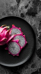 Freshly sliced dragon fruit on a sleek black plate, minimalist aesthetic.