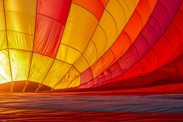 Obraz premium Vibrant sunrise colors illuminate the inside of a hot air balloon, showcasing the intricate fabric panels and the breathtaking view.