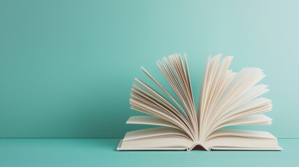 Personalization marketing and profile, A visually striking open book with fanned pages rests on a solid turquoise background, evoking a sense of creativity and knowledge.