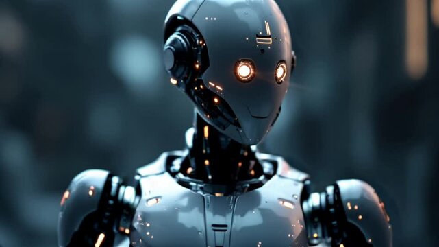 Futuristic humanoid robot with glowing eyes in dark background. Technology concept