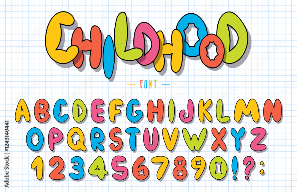 Fototapete childish font and alphabet with numbers. colorful font for kids in a playful style. colorful bubble 