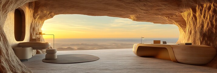 A polished virtual background of an office carved into a desert cliff with warm sandstone textures 