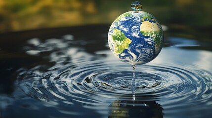 Symbolic design of a globe depicted as a water sphere, attached to a tap releasing a single droplet onto a reflective surface.