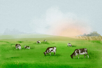 Watercolor farm landscape background, agriculture aesthetic