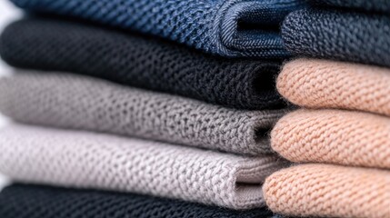 Stacked folded sweaters, various colors, close-up, studio shot, for online retail