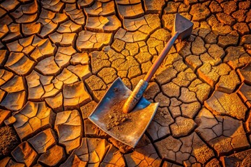 Drone reveals an abandoned project: a rusty shovel rests in dry, cracked earth, a testament to hard work left unfinished.