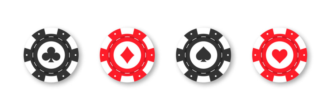 Gambling casino chips with suits. Colorful collection of casino chips with suits for gaming promotions, betting designs, and casino projects. Poker chips and coins isolated on white background. Vector