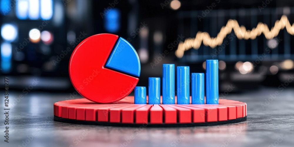 Poster marketing research survey statistics concept. colorful pie chart and bar graph representing data ana