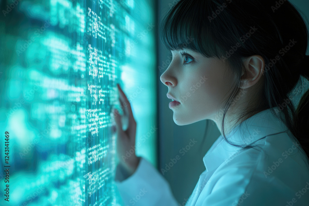 Aufkleber A young woman examines a large screen displaying lines of code, engrossed in programming or data analysis.