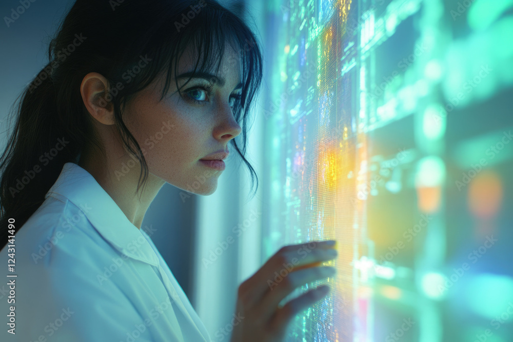Fototapete a woman in a white lab coat examines a large interactive screen filled with data and code.