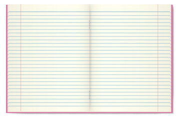 Set illustration of an open notebook with blank, lined pages. The pages have blue horizontal lines and pink vertical margins, providing a clean and classic design. Ideal for educational, writing,