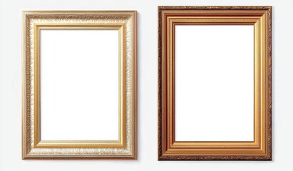 Two golden empty frames hanging on a white wall