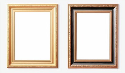Two empty golden frames hanging on a white wall