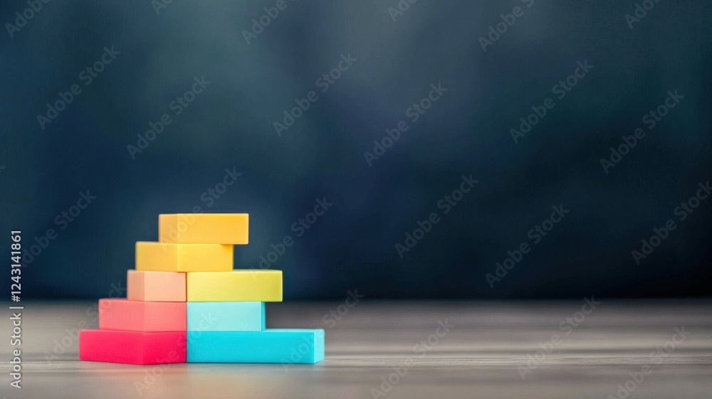 Poster marketing research survey statistics concept. colorful building blocks arranged in a pyramid on a ta