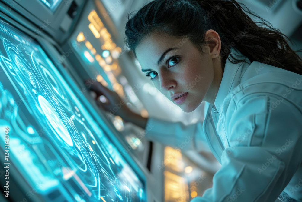 Leinwandbilder focused scientist intensely monitors futuristic holographic interface, analyzing complex data stream