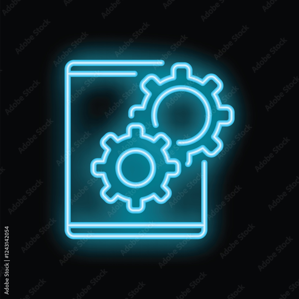 Poster neon blue icon of a mobile phone with two rotating gears, symbolizing app development and software e
