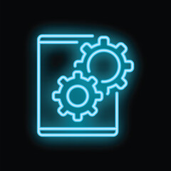 Neon blue icon of a mobile phone with two rotating gears, symbolizing app development and software engineering