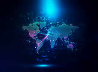 Glowing spotlight illuminates a digital world map against a dark backdrop, symbolizing global connection and technology. The map is pixelated with vibrant colors, emphasizing a futuristic, networked p
