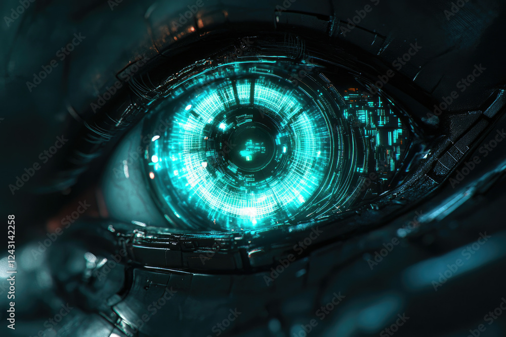 Aufkleber close-up of a futuristic robotic eye with glowing teal digital display.