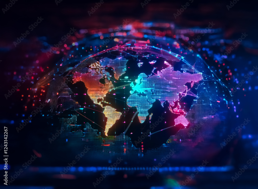 Poster vibrant digital world map illuminated with glowing lines, dots, and connections. a futuristic repres