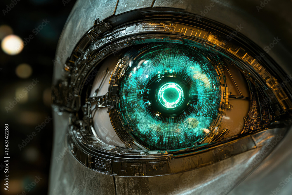 Aufkleber Close-up of a futuristic robotic eye with intricate mechanical details and glowing teal iris.