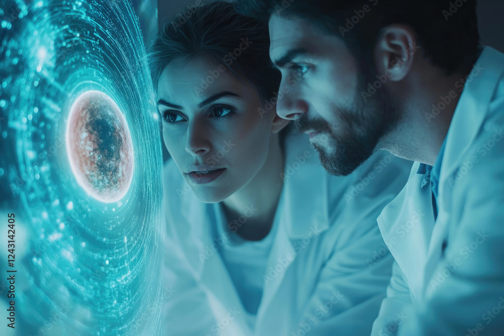 Poster Two scientists intently study a holographic planetary model, analyzing its data and intricacies.